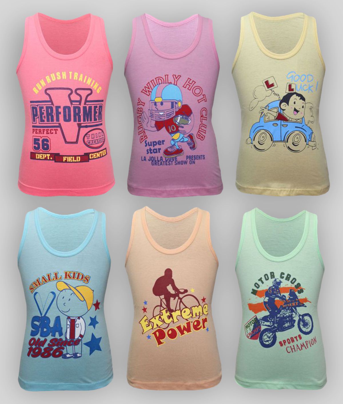     			BODYCARE Cartoon Printed Gym Vest for Boys Pack of 6 (Print May Vary)