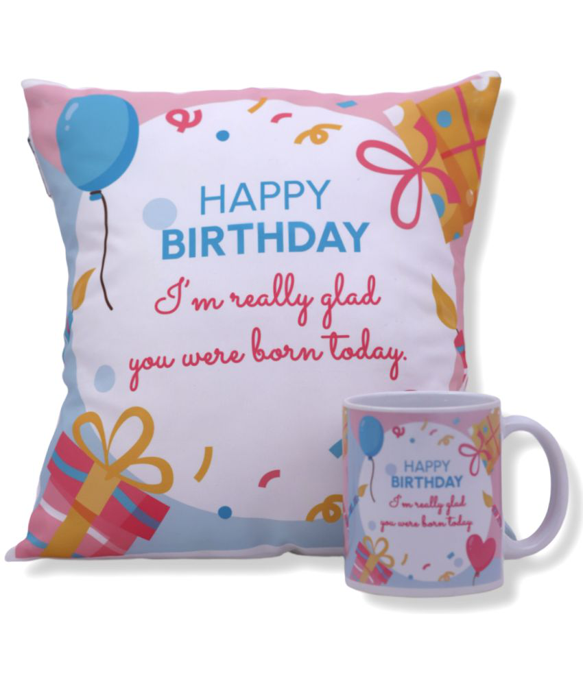 HOMETALES - Happy Birthday Printed Gifting Cushion With Filler White (12X12 Inch) With Coffee Mug