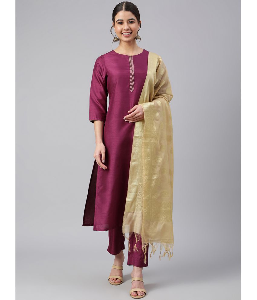     			Janasya - Wine Straight Silk Women's Stitched Salwar Suit ( Pack of 1 )