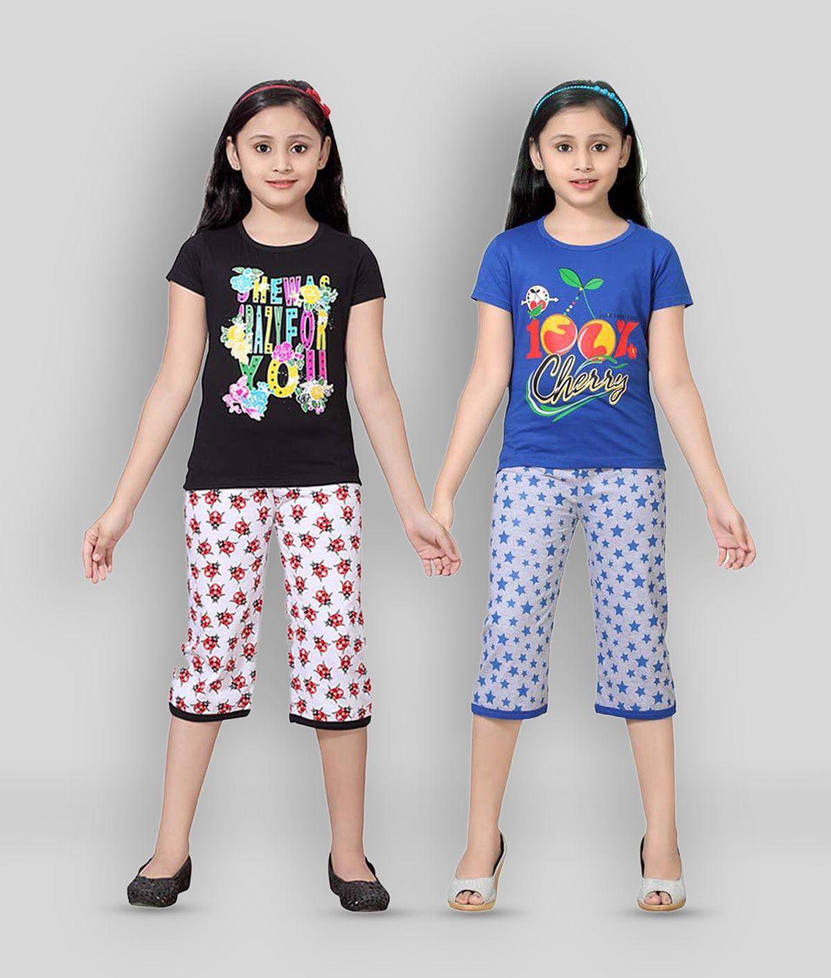     			Sini Mini - Pink Cotton Girl's T-Shirt With Capris ( Pack of 2 )
