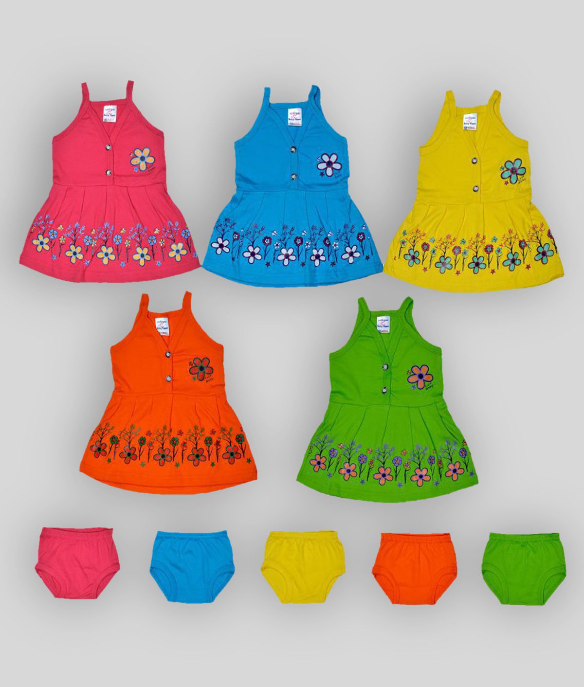     			Sathiyas Multicolour Assorted Cotton Baby Girls Dresses - Pack of 5 (0-6Months)