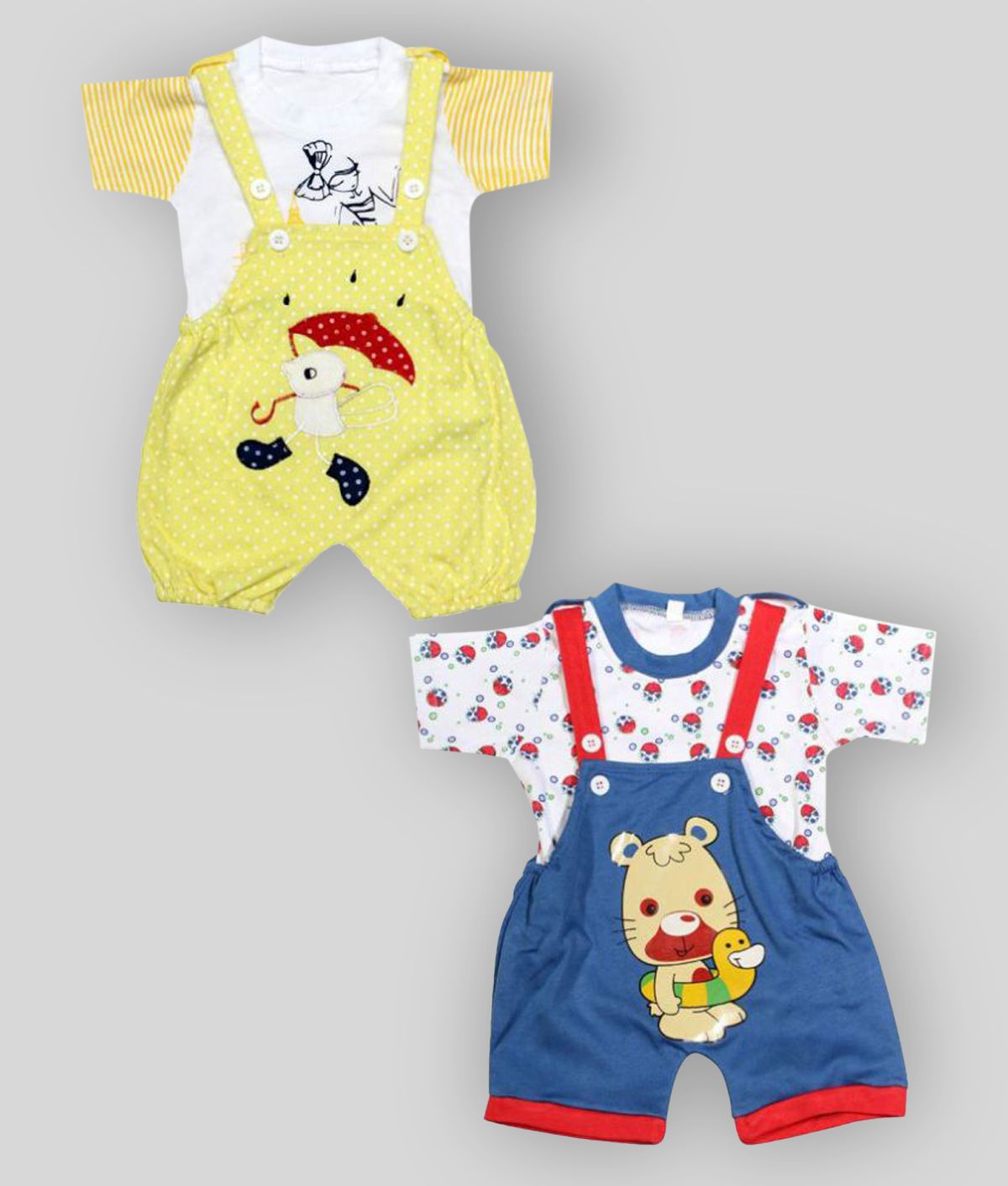    			babeezworld dungaree for Boys & Girls casual printed pure cotton-Pack of 2 (9101990001226; Multi Colour)