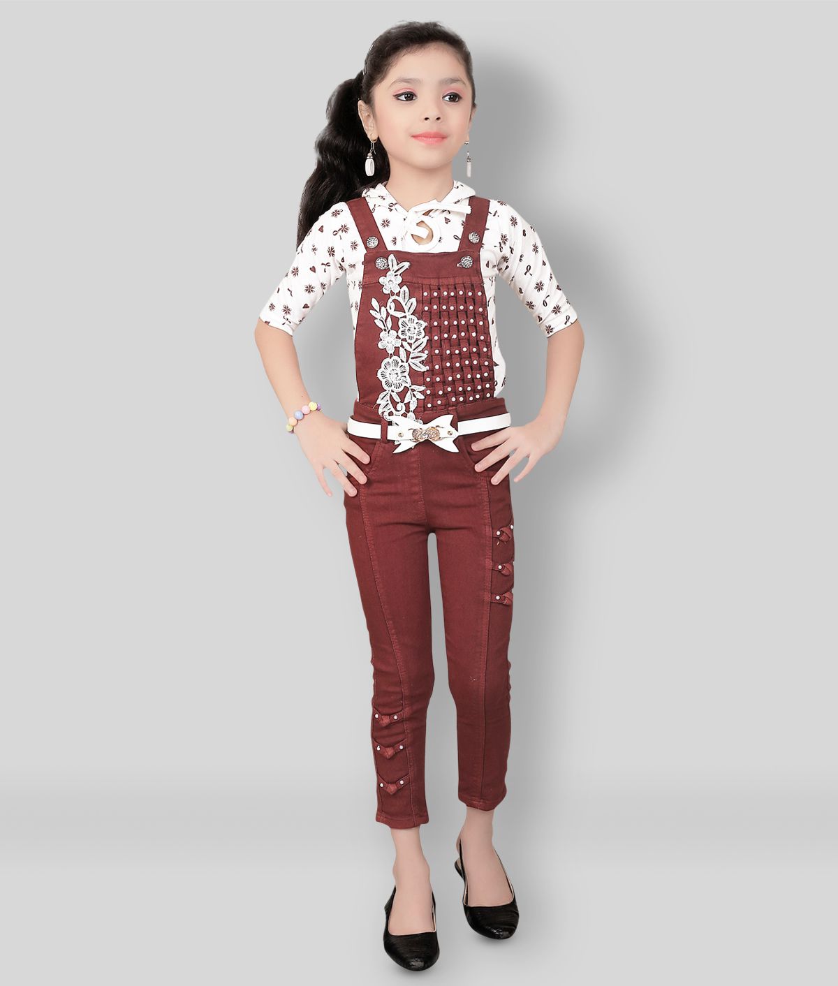     			Arshia Fashions - Maroon Denim Girl's Top With Dungarees ( Pack of 1 )