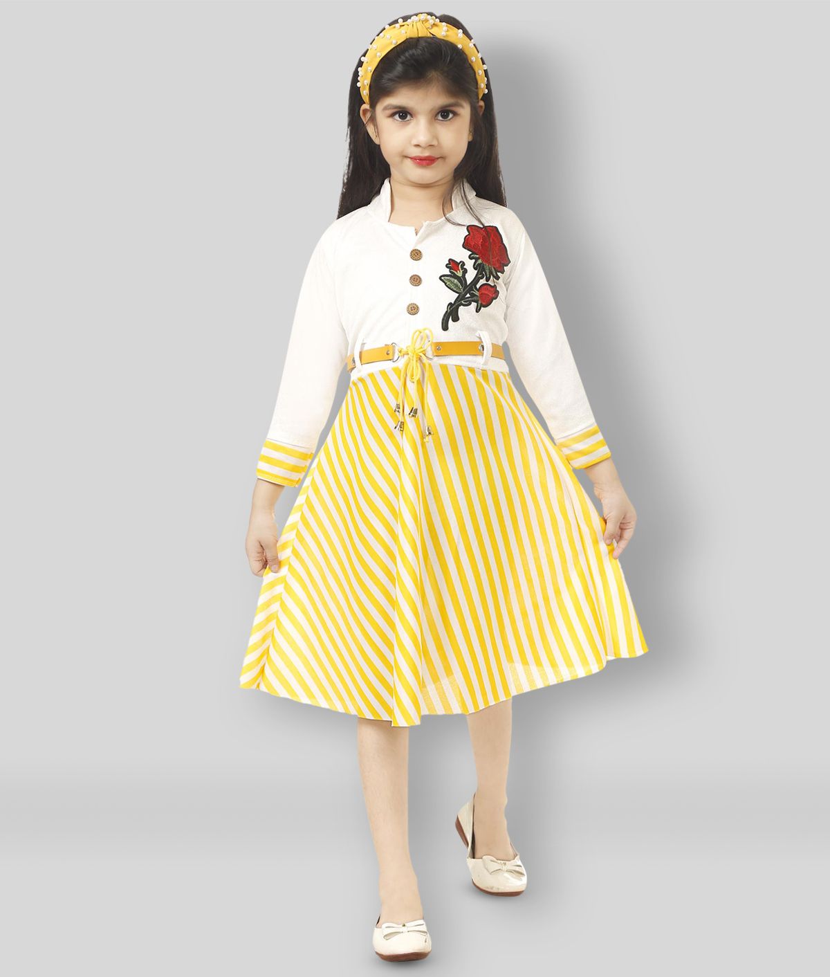     			JCT DRESSES - Yellow & White Cotton Blend Girl's Fit And Flare Dress ( Pack of 1 )