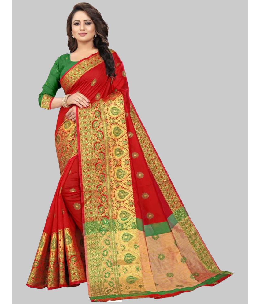     			Saree Queen - Red Cotton Blend Saree With Blouse Piece ( Pack of 1 )