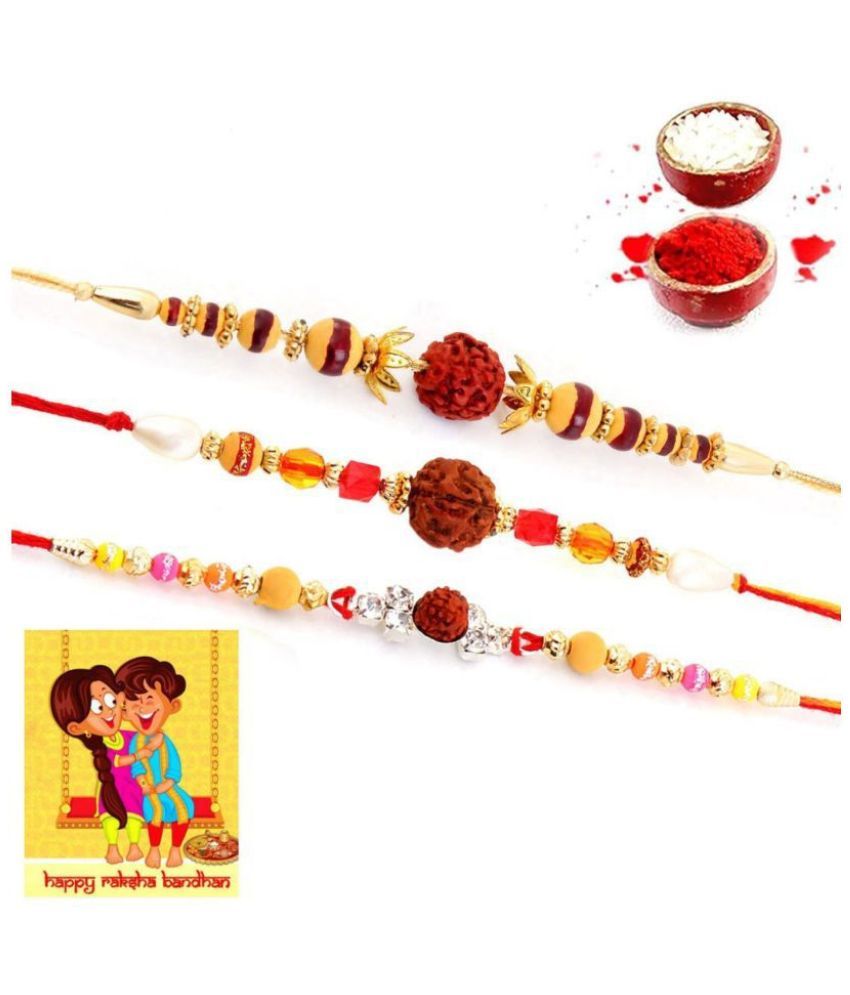     			Purvani Rakhi Set Multicolour With Roli chawal & Card Pack of 3