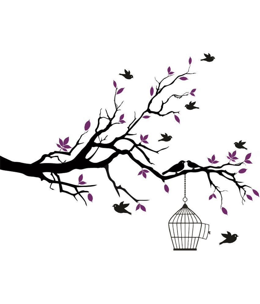     			Asmi Collection Stickers Black Branches Purple Leaves Birds Wall Sticker ( 125 x 155 cms )
