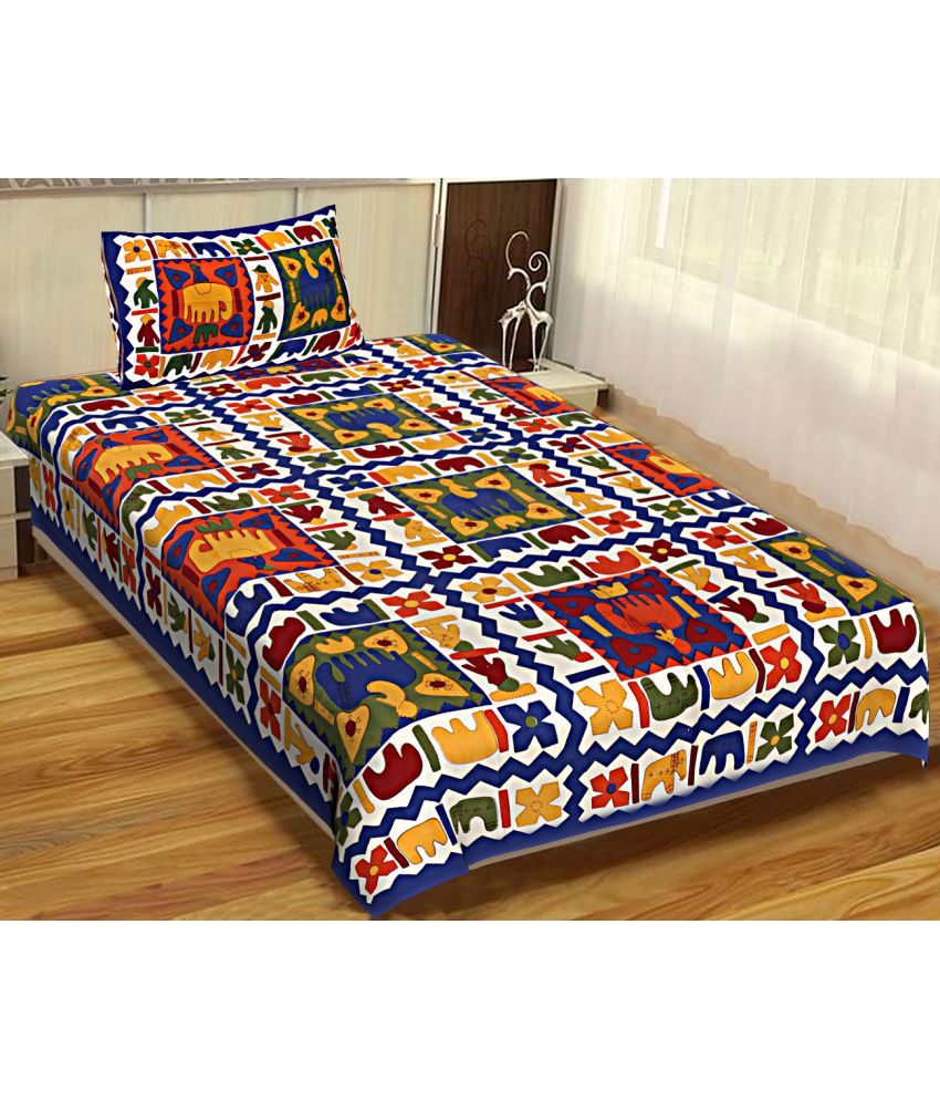     			HOMETALES Cotton Ethnic Single Bedsheet with 1 Pillow Cover-Blue
