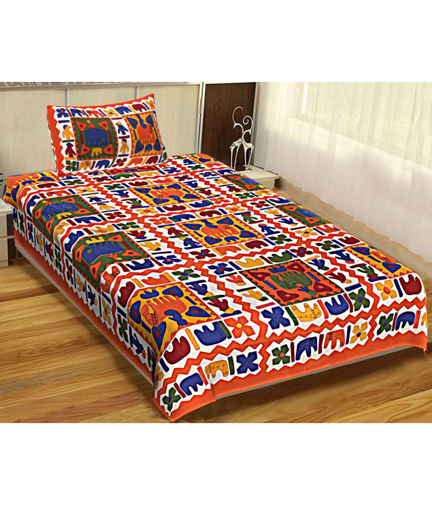     			HOMETALES Cotton Ethnic Single Bedsheet with 1 Pillow Cover-Orange