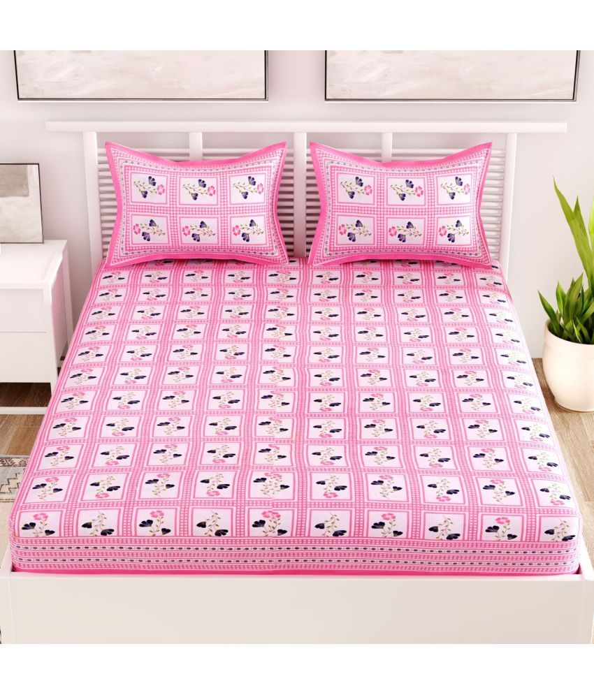     			Uniqchoice Cotton Floral Double Bedsheet with 2 Pillow Covers- Pink