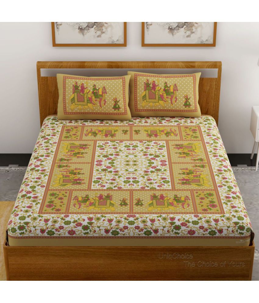     			unique choice Cotton Ethnic Printed Double Bedsheet with 2 Pillow Covers - Brown