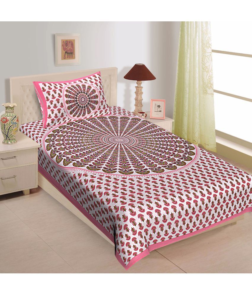     			HOMETALES Cotton Abstract Single Bedsheet with 1 Pillow Cover- Pink