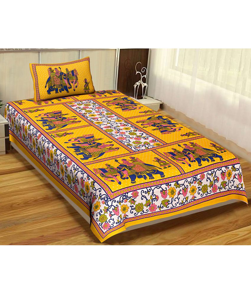     			Uniqchoice Cotton Floral Single Bedsheet with 1 Pillow Cover-Yellow