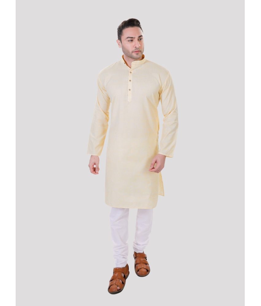     			Maharaja - Yellow Linen Regular Fit Men's Kurta Pyjama Set ( Pack of 1 )