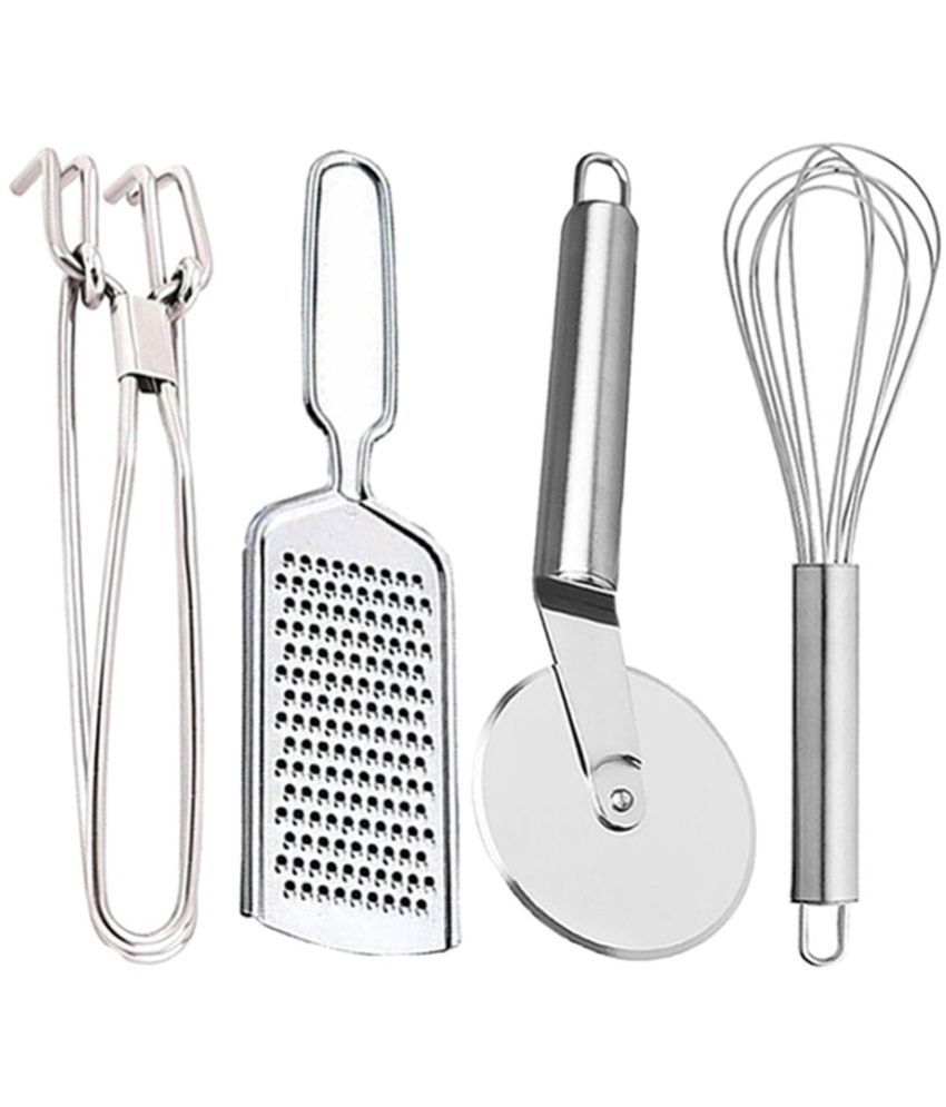     			JISUN - Silver Stainless Steel Wire Grater+Pakkad+Pizza Cutter+Whisk ( Pack 4 )