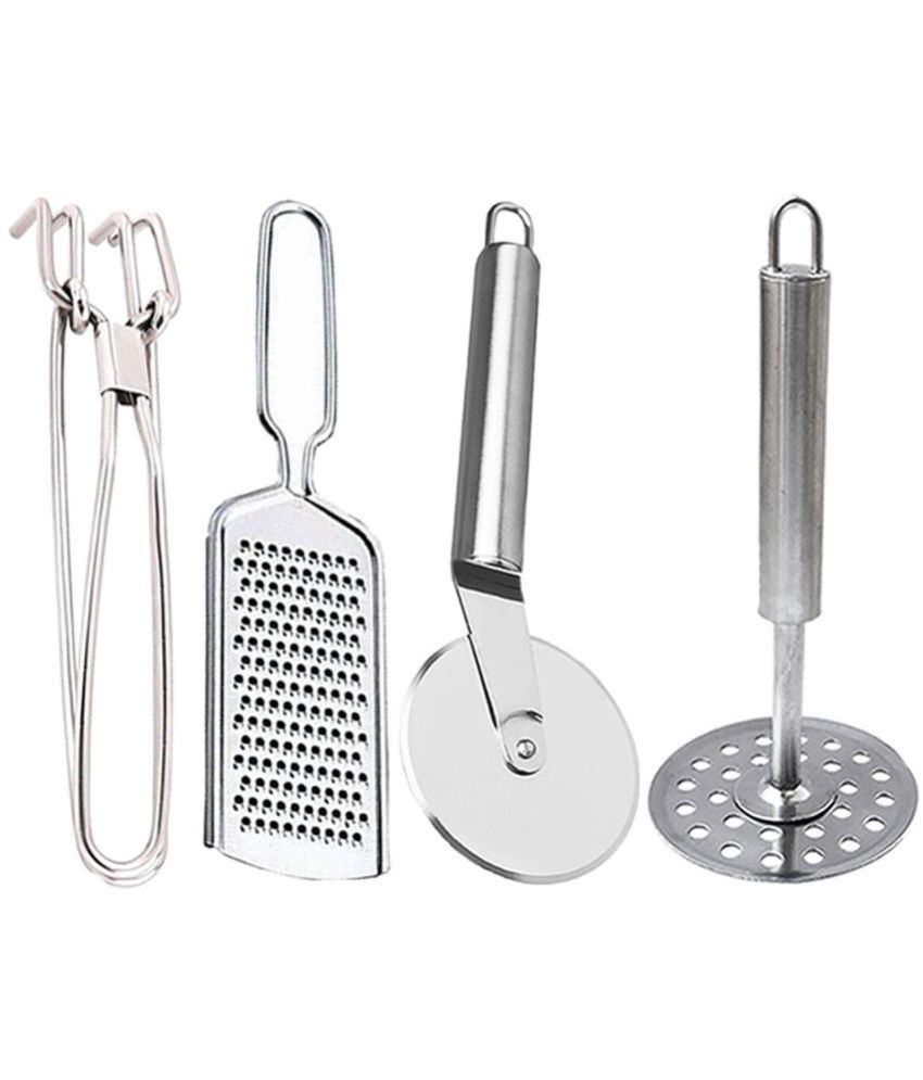     			JISUN - Silver Stainless Steel Wire Grater+Pakkad+Pizza Cutter+Masher ( Pack 4 )