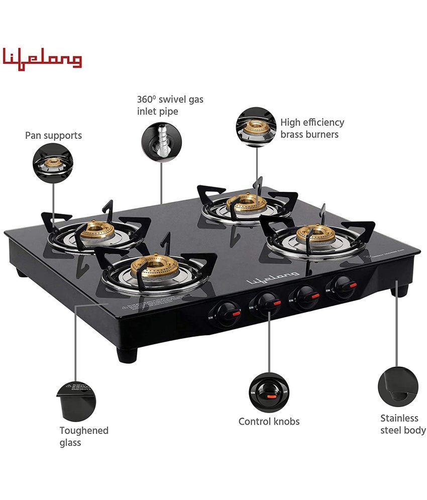 Lifelong LLGS30 ISI Certified Toughened Glass Top 4 Burner Manual Ignition Open Gas Stove with