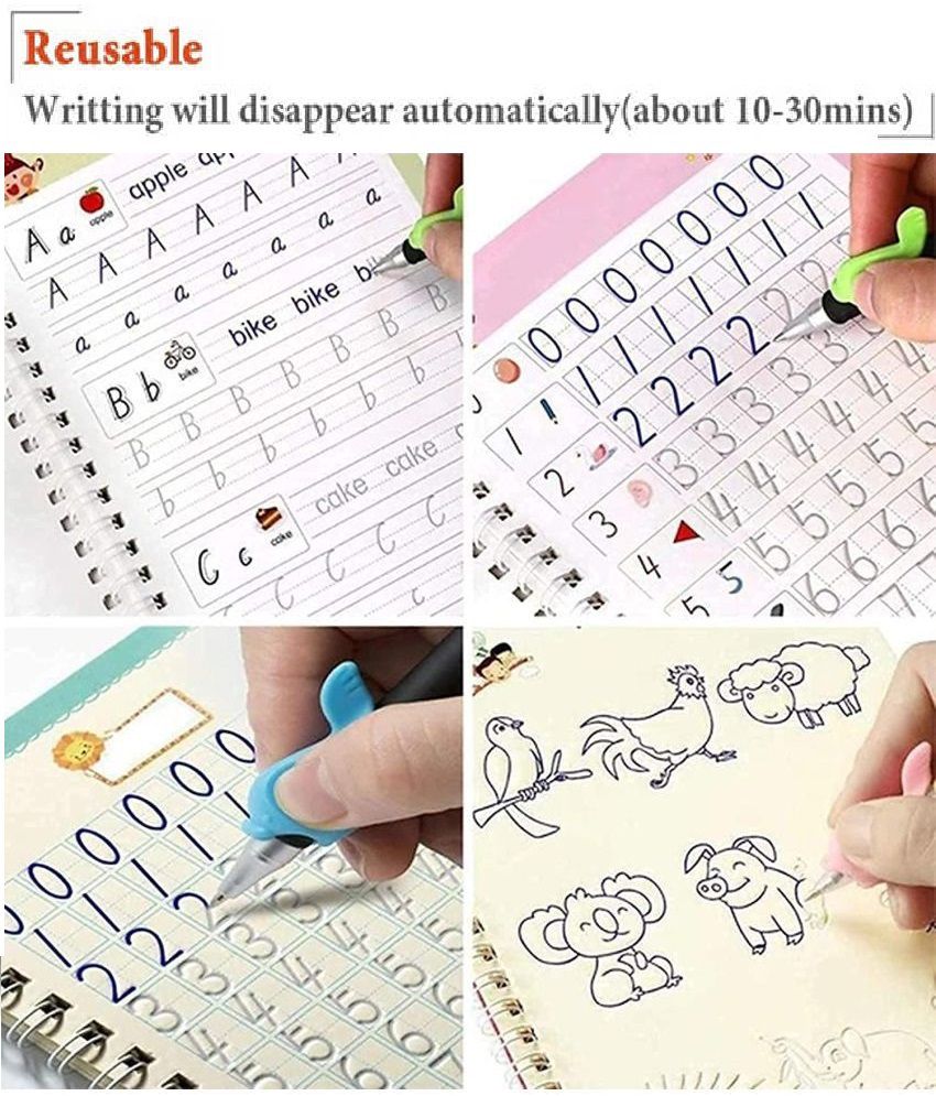 8 Pieces Magic Practice Copybook Reusable Calligraphy Book Alphabet Number Math Drawing Workbook Kids Magic Writing Paste Tracing Book Childrens Kindergarten Grooves Post for School Home Learning 