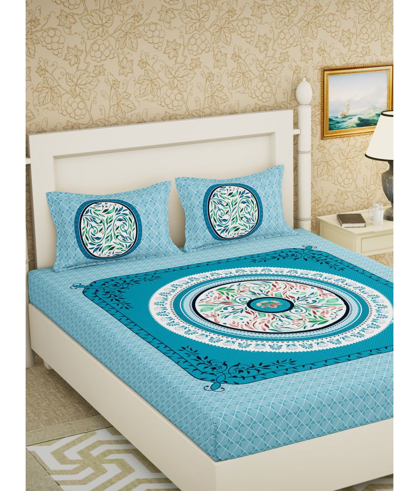     			URBAN MAGIC - Blue Cotton Double Bedsheet with 2 Pillow Covers