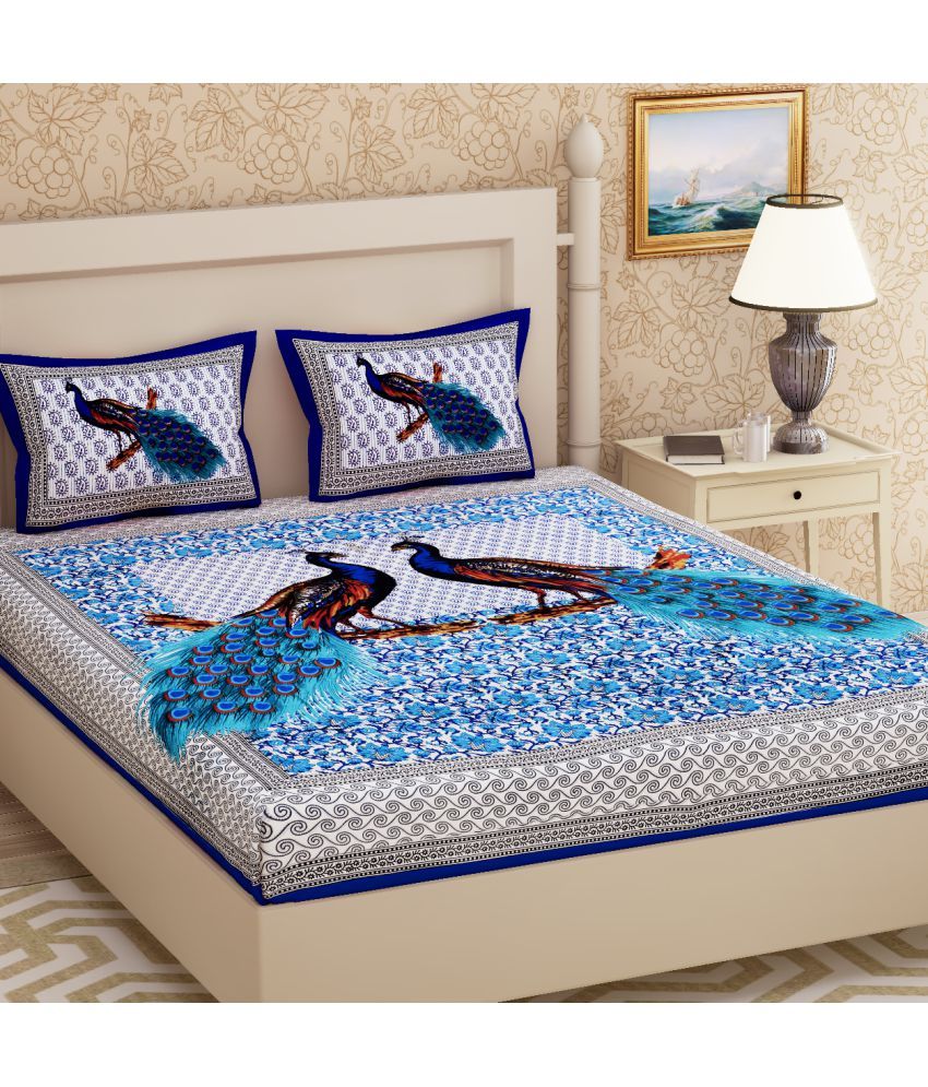     			URBAN MAGIC - Blue Cotton Double Bedsheet with 2 Pillow Covers