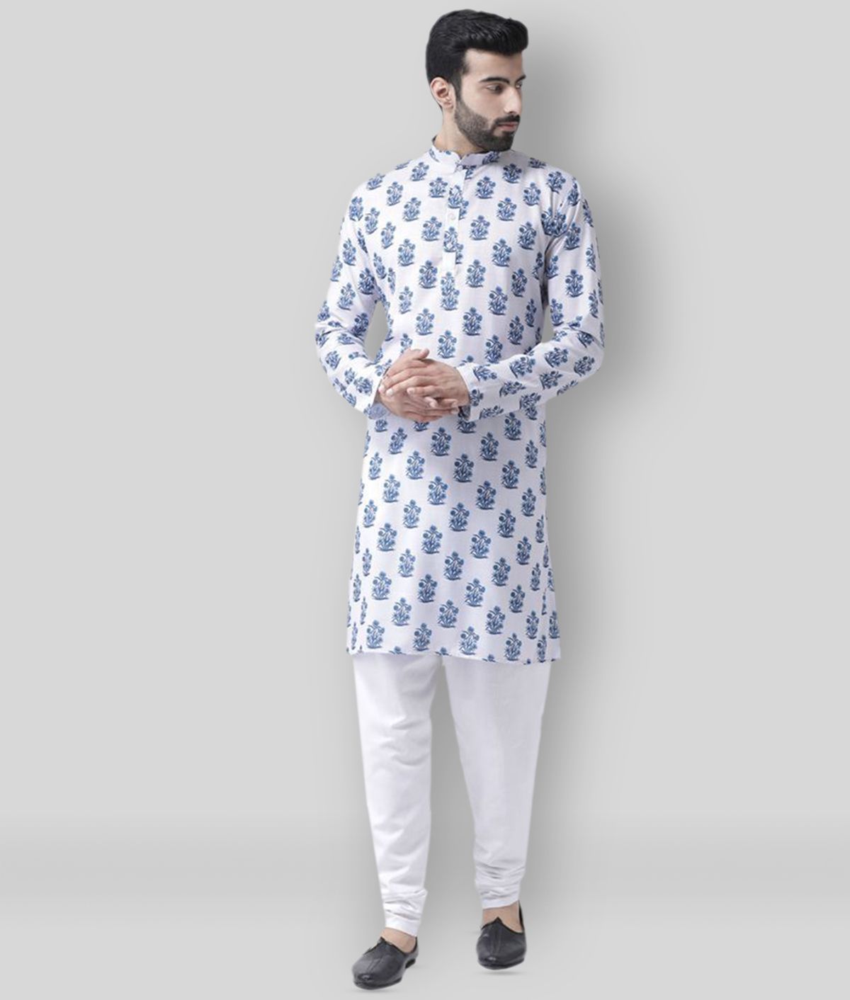     			Hangup White Cotton Kurta Pyjama Set