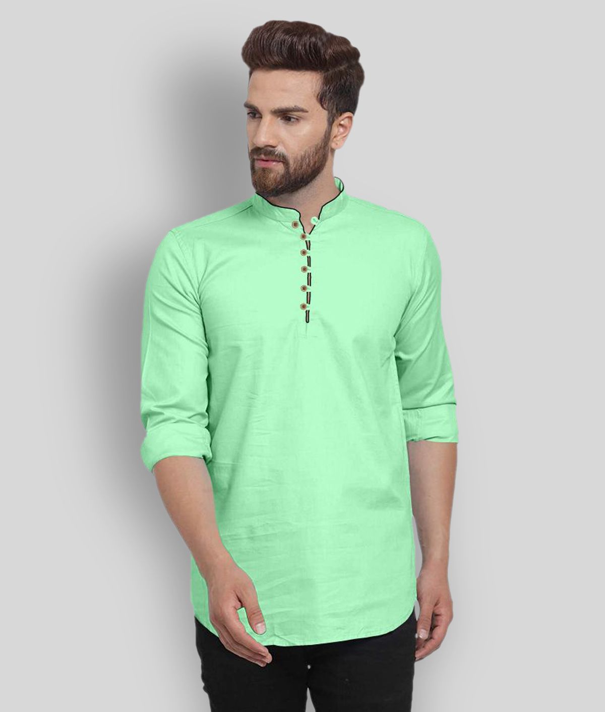     			P&V CREATIONS - Light Green Cotton Men's Shirt Style Kurta ( Pack of 1 )