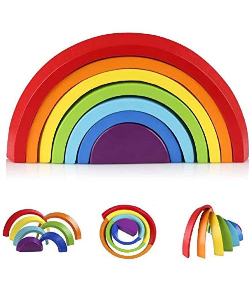 PLUSPOINT Wooden Rainbow Stacker Nesting Puzzle Blocks Tunnel Stacking Game Building Creative