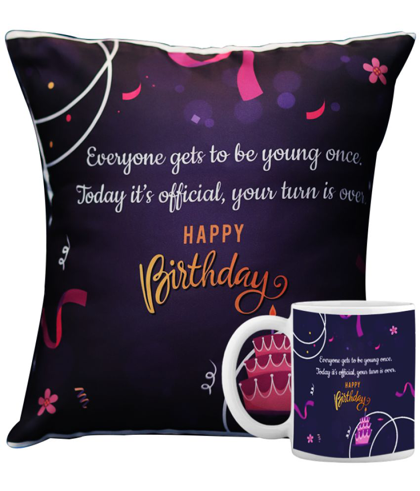 HOMETALES - Happy Birthday Printed Gifting Cushion With Filler Purple (12X12 Inch) With Coffee Mug
