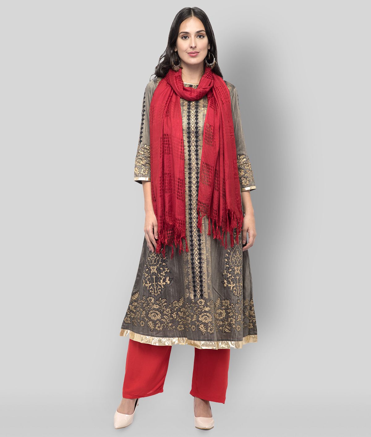     			A R Silk Red Cotton Checkered Dupatta