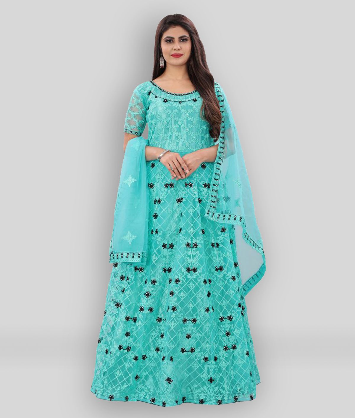     			Aika Turquoise Net Ethnic Gown - Single