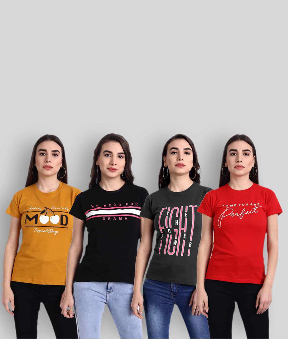 Fabflee - Multi Color Cotton Regular Fit Women's T-Shirt ( Pack of 4 )
