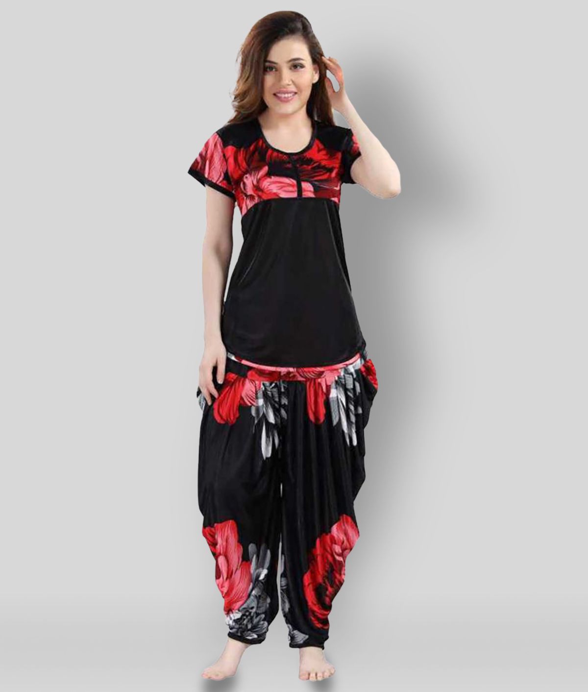     			Gangomi - Black Satin Women's Nightwear Nightsuit Sets