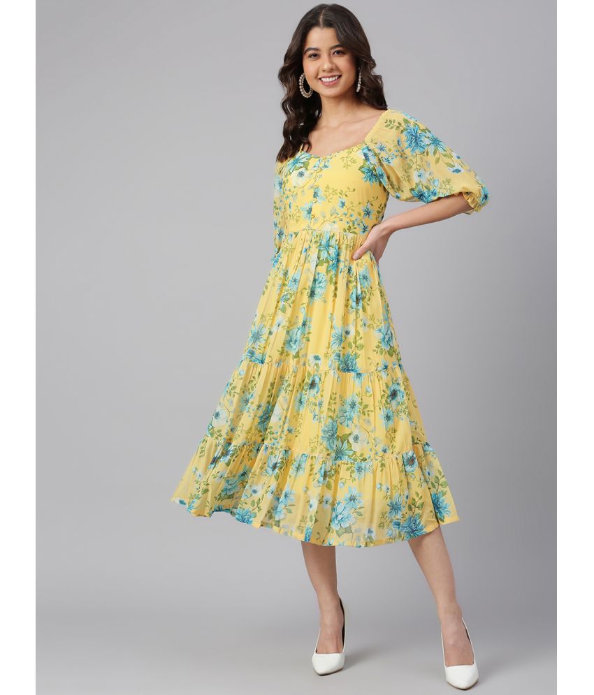 Janasya - Yellow Georgette Women's Fit & Flare Dress ( Pack of 1 )