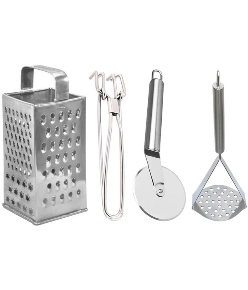     			JISUN - Silver Stainless Steel Big Grater+Pakkad+Pizza Cutter+Masher ( Pack 4 )