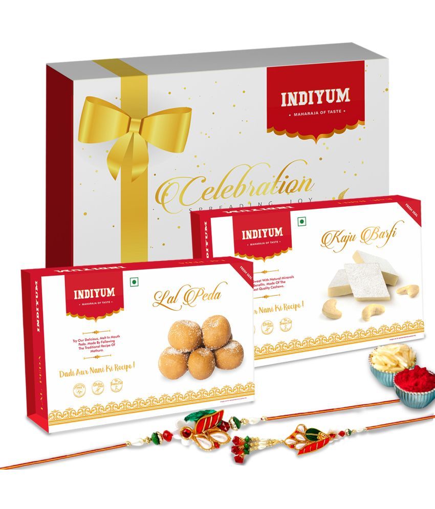     			Indiyum Bhaiya Bhabhi Rakhi Sweet Mithai Gift Pack - Kaju Barfi Lal Peda 200g Each