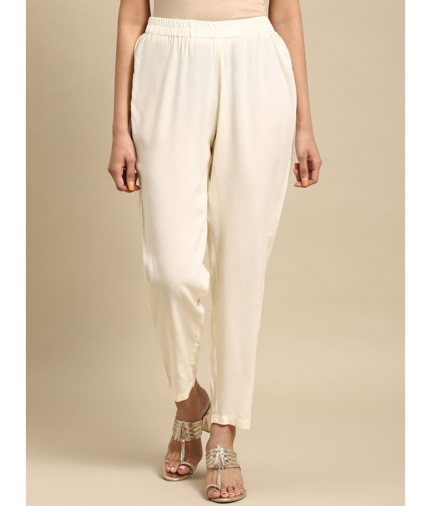     			Rangita Women Rayon White Solid Ankle Length Straight Pant