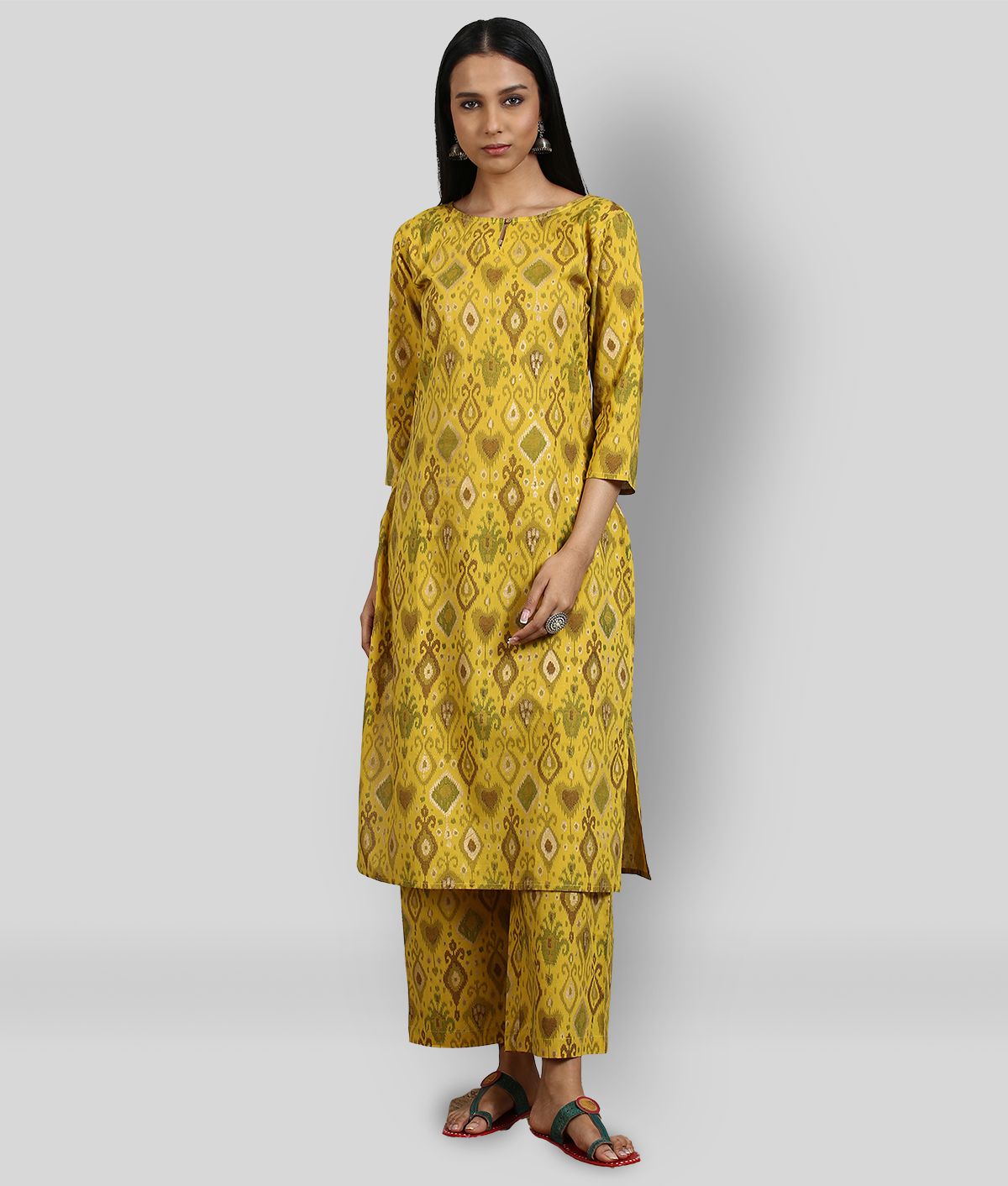     			Janasya - Yellow Straight Cotton Women's Stitched Salwar Suit ( Pack of 1 )