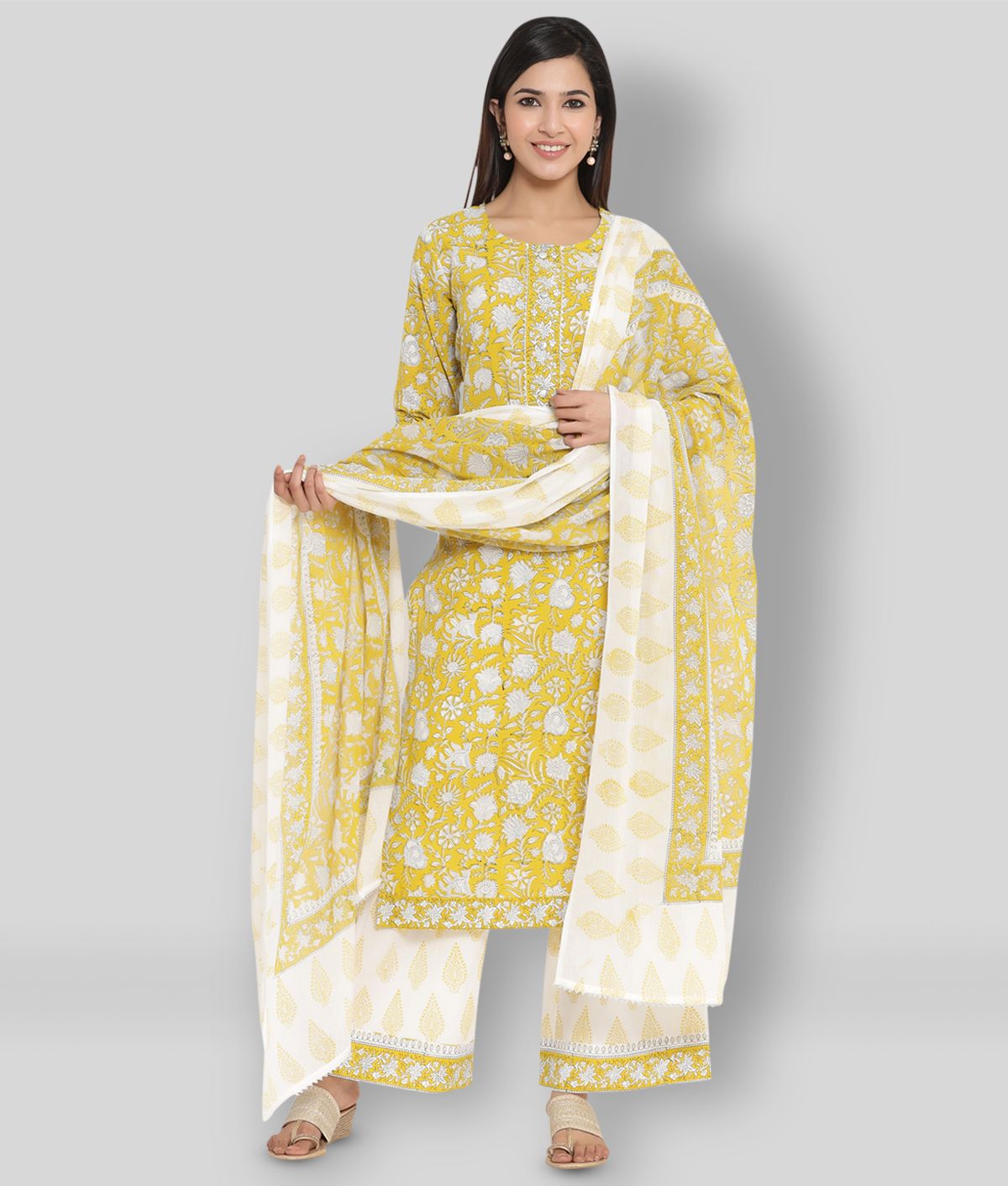     			KIPEK - Yellow Straight Cotton Women's Stitched Salwar Suit ( Pack of 1 )