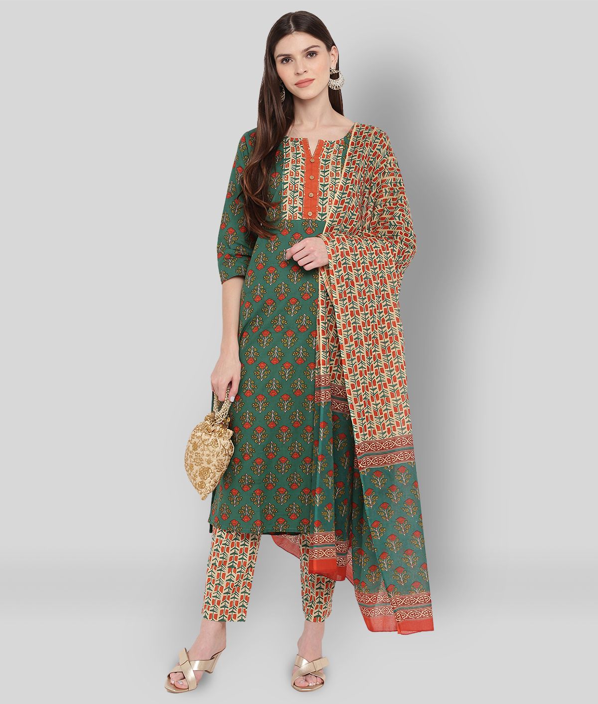     			Vbuyz - Green Straight Cotton Women's Stitched Salwar Suit ( Pack of 1 )