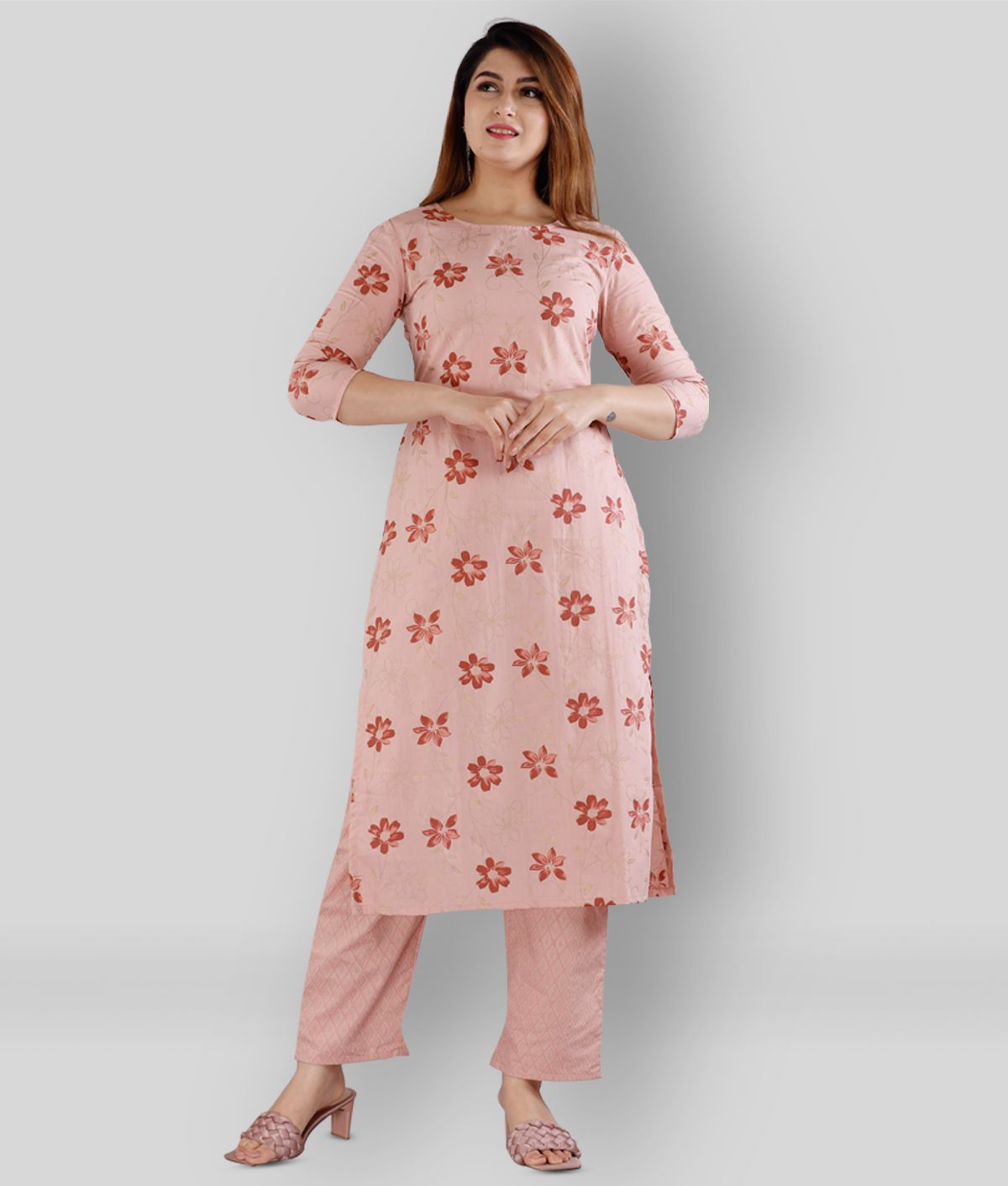    			EXPORTHOUSE - Peach Straight Cotton Women's Stitched Salwar Suit ( Pack of 1 )