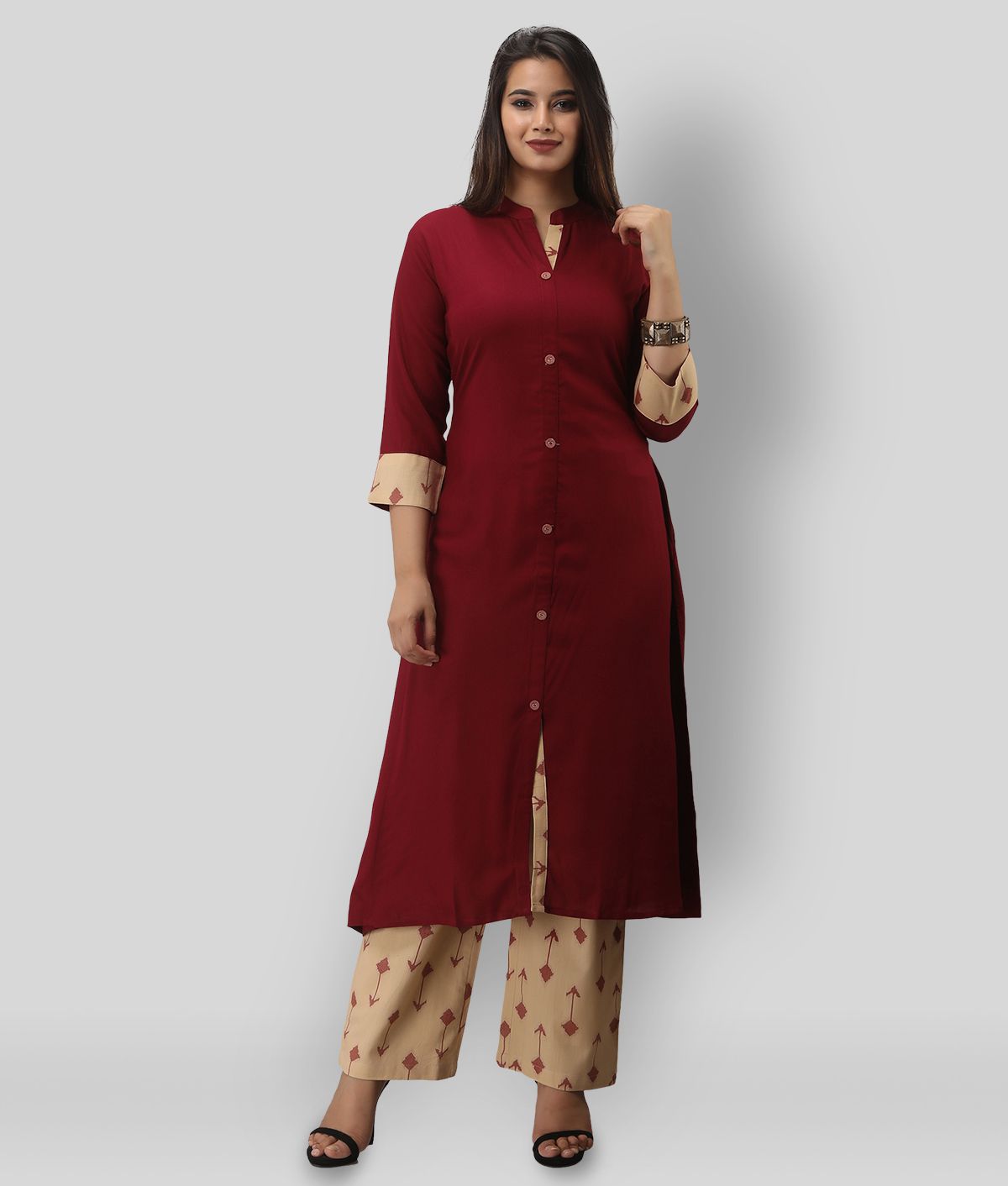 MAUKA - Maroon Front Slit Rayon Women's Stitched Salwar Suit ( Pack of 1 )