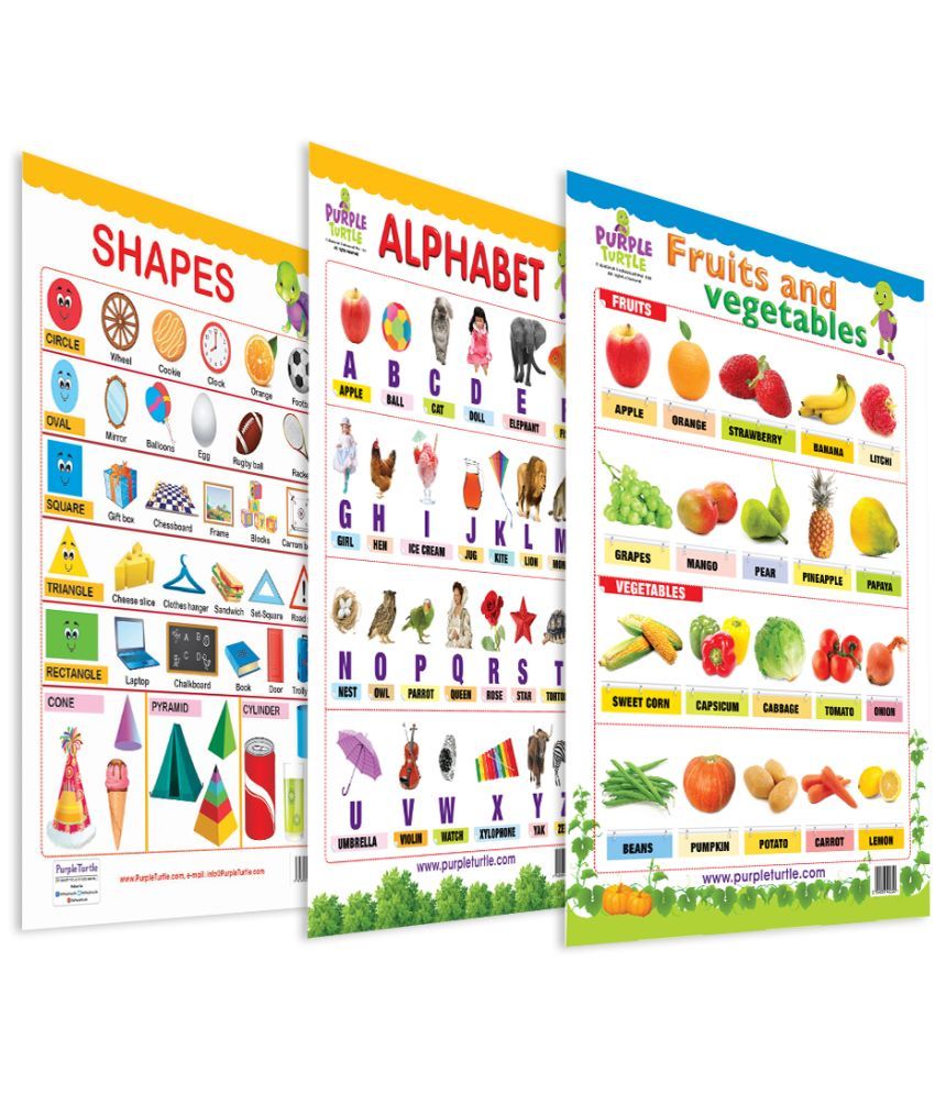 Fruits & Vegetables, Alphabet, and Shapes Educational Wall Charts for