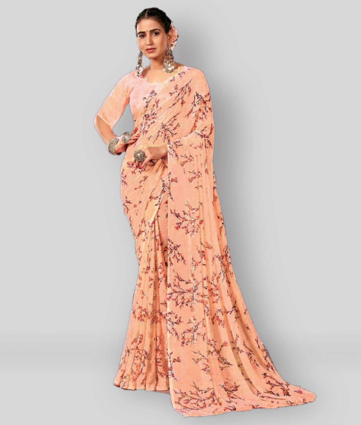 Bhuwal Fashion Peach Georgette Saree - Single