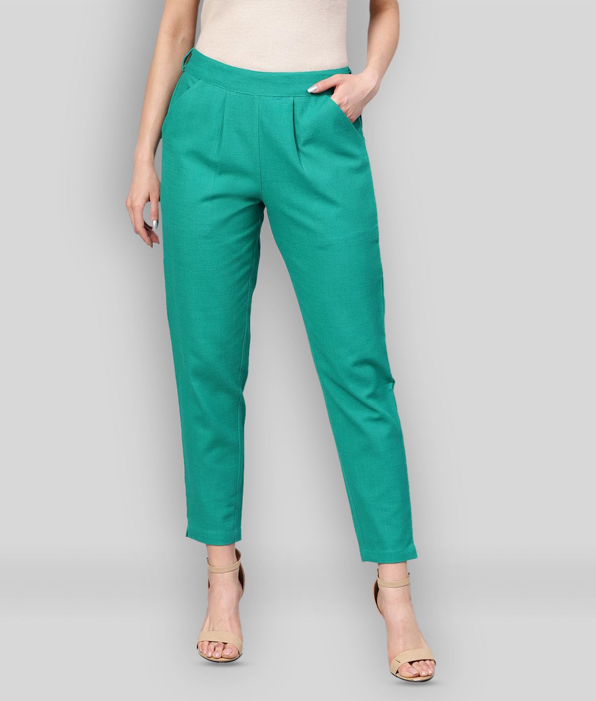 Jaipur Kurti - Turquoise Cotton Blend Straight Fit Women's Cigarette Pants  ( Pack of 1 )