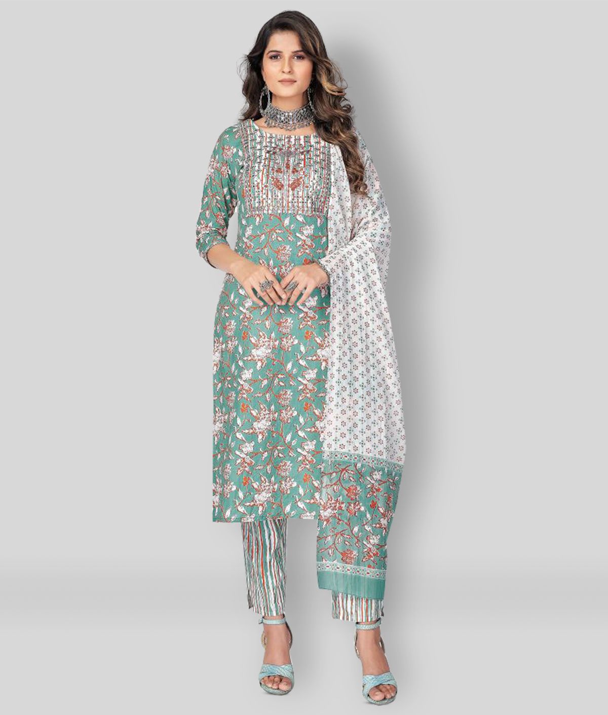     			Vbuyz - Green Straight Cotton Women's Stitched Salwar Suit ( Pack of 1 )