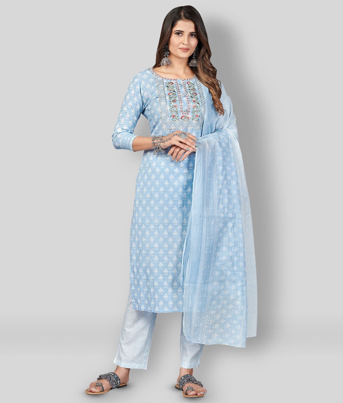     			Vbuyz - Light Blue Straight Cotton Women's Stitched Salwar Suit ( Pack of 1 )