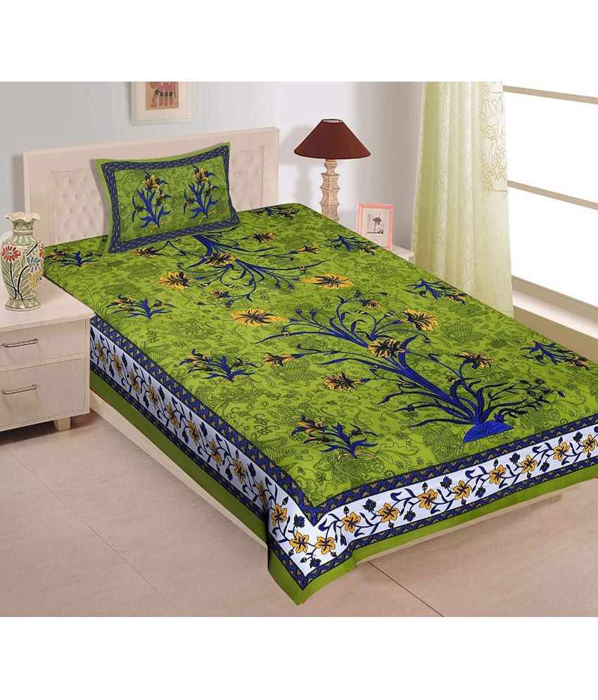     			HOMETALES Cotton Floral Single Bedsheet with 1 Pillow Cover-Green
