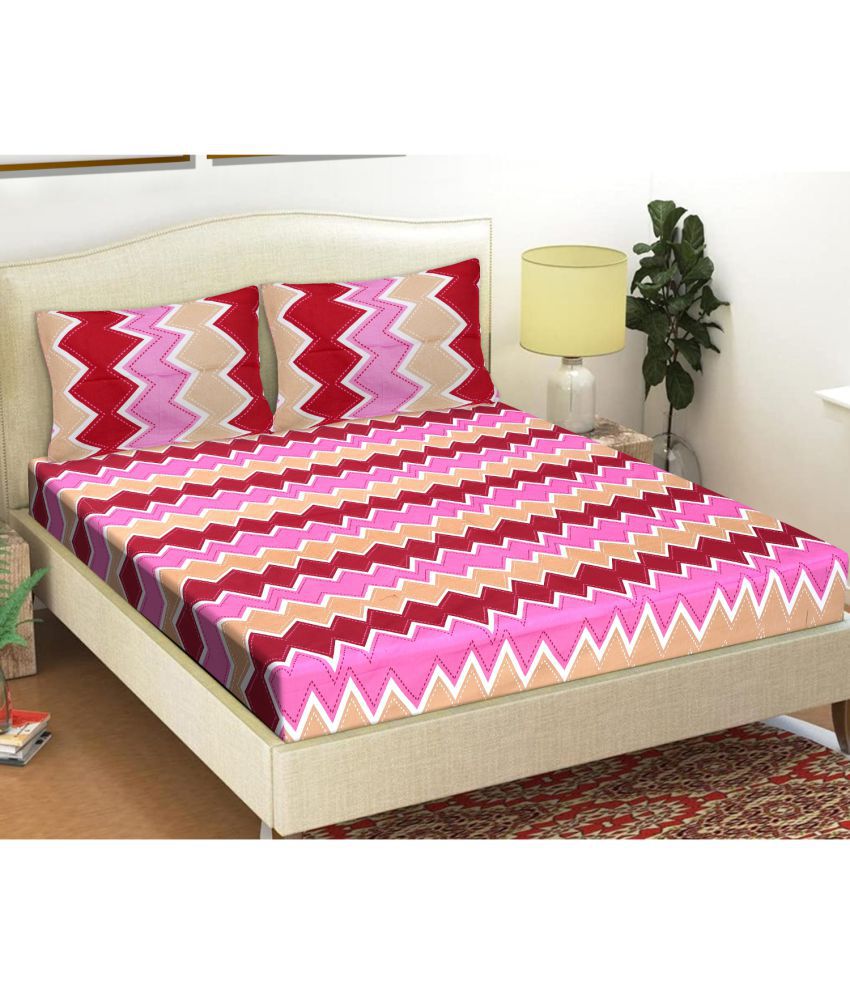     			Frionkandy Cotton Vertical Striped Printed Queen Bedsheet with 2 Pillow Covers - Pink