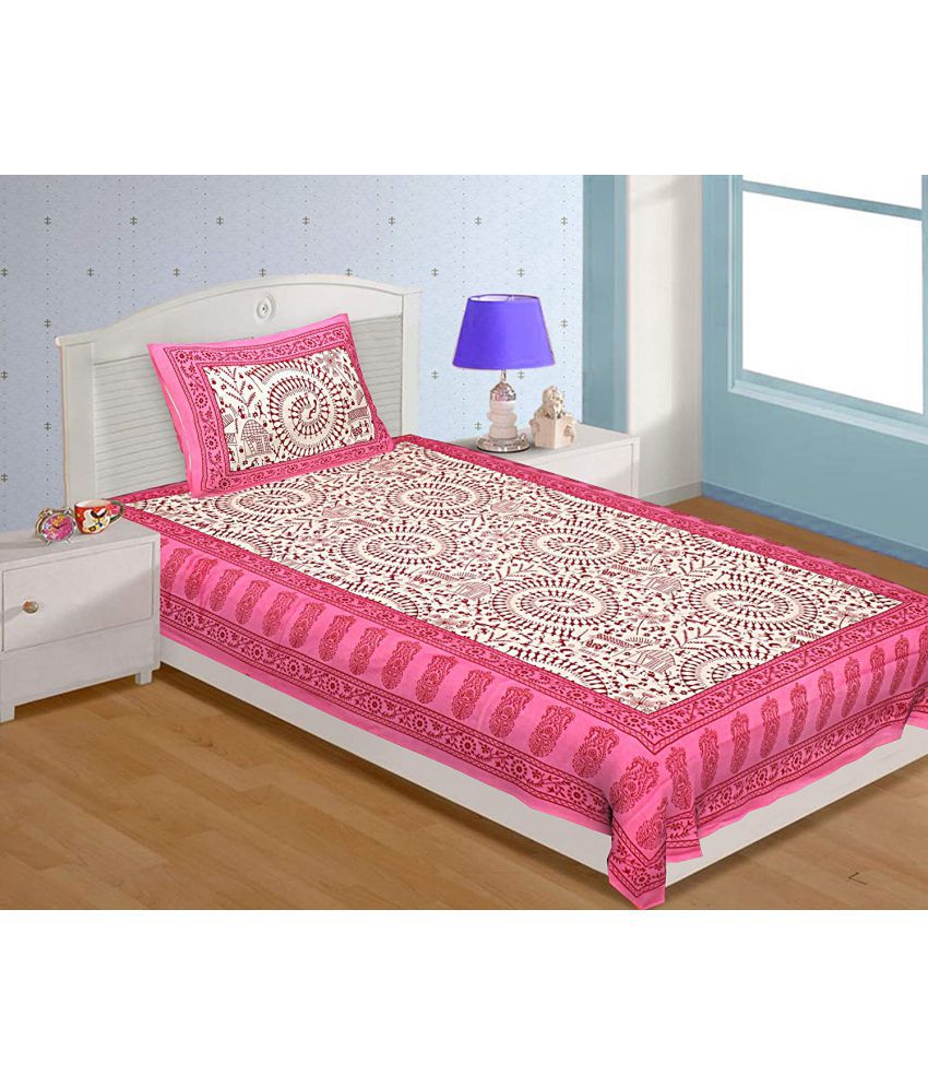     			HOMETALES Cotton Ethnic Single Bedsheet with 1 Pillow Cover- Pink