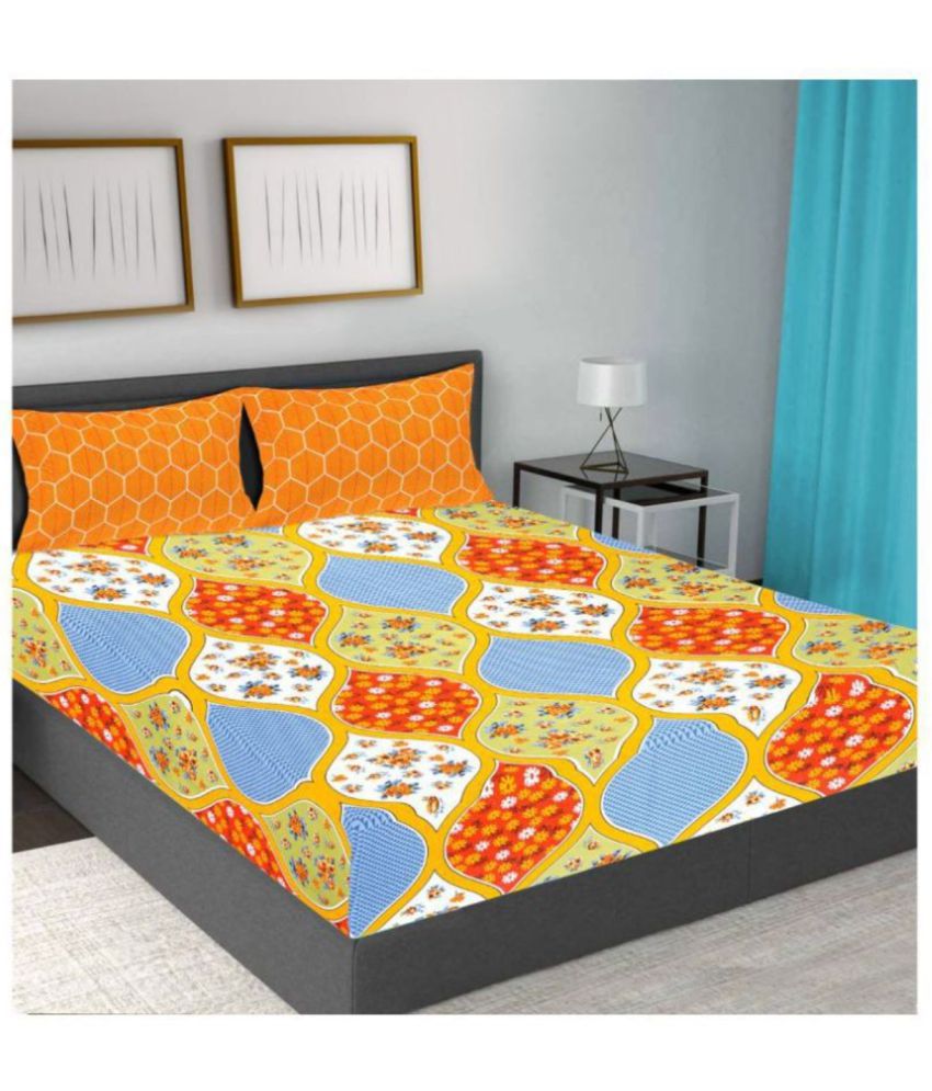     			Frionkandy Cotton Geometric Printed Queen Bedsheet with 2 Pillow Covers - Yellow